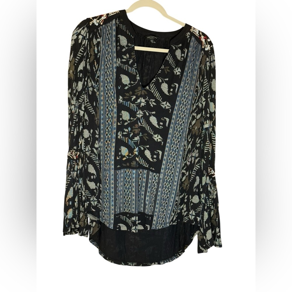 Lucky Brand Boho Embroidered Bell Sleeve Tunic Top Black Gray Large - Picture 2 of 11